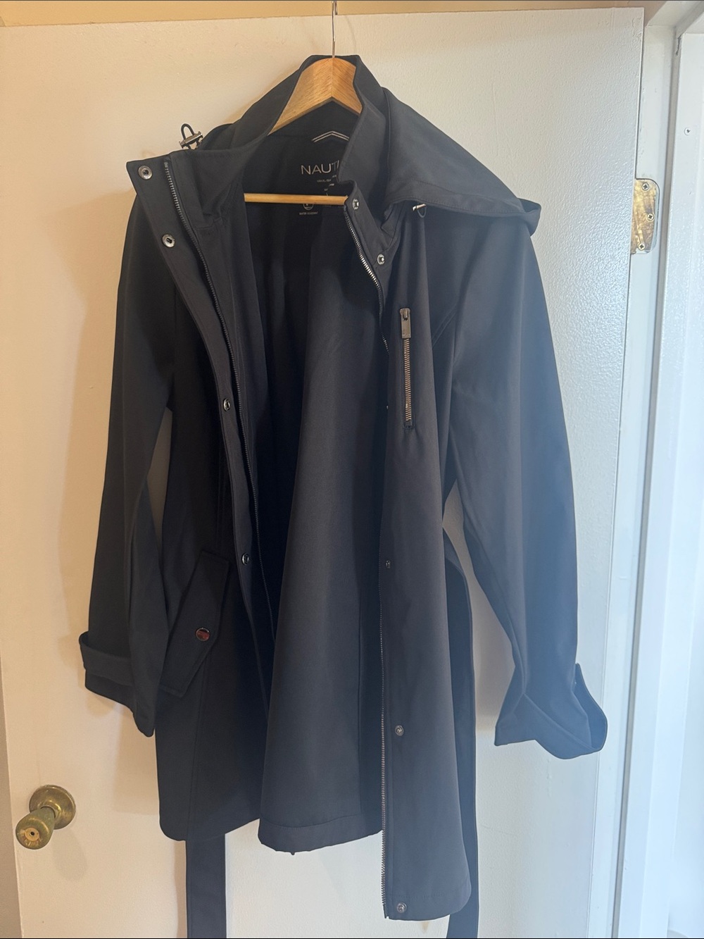 Nautica Women's Hooded Black Raincoat with Front Zip